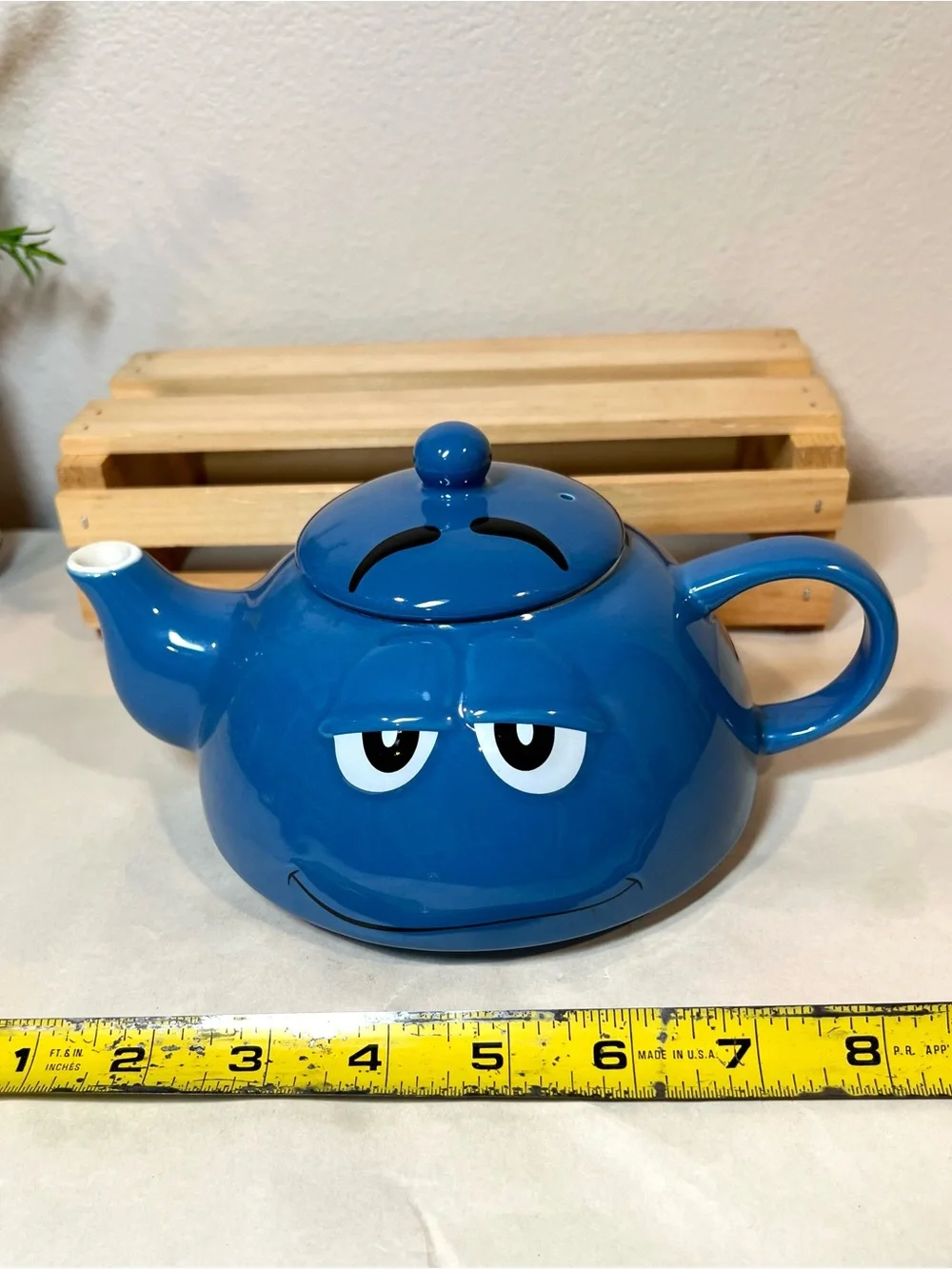 ☀️2/$20 Blue M&Ms World Teapot w Lid | Grumpy Tired Face | No Cup | EUC